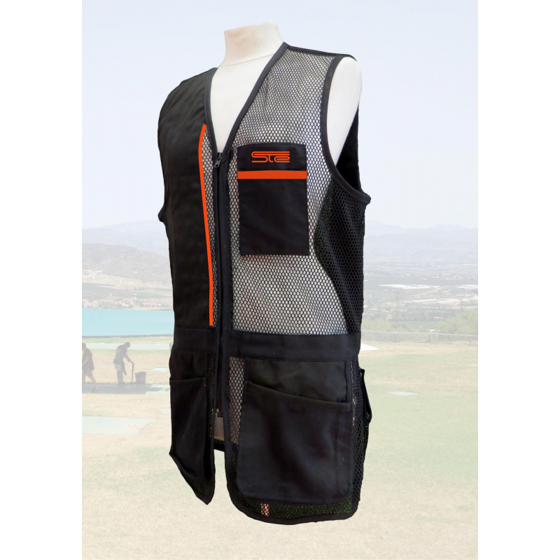 Chaleco STE Negro con linea Naranja fluor.